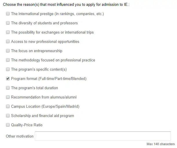 7) You must then select the reason(s) why you wish to study at IE.